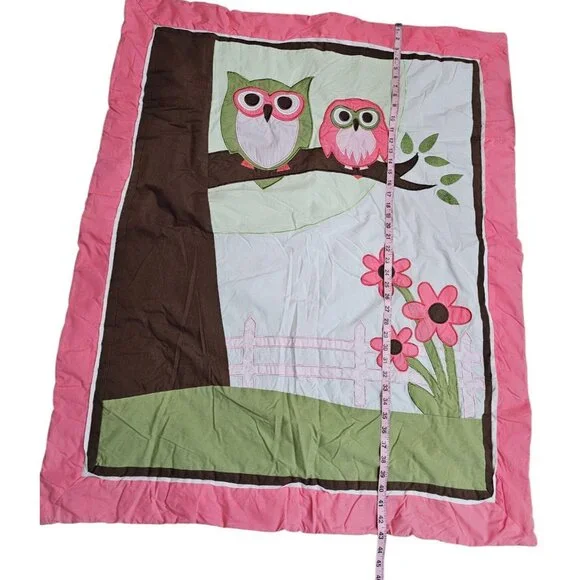 Pink Owl Baby Blanket Crib Quilt 42x34 Reversible Striped Back Nursery Decor - Picture 3 of 4